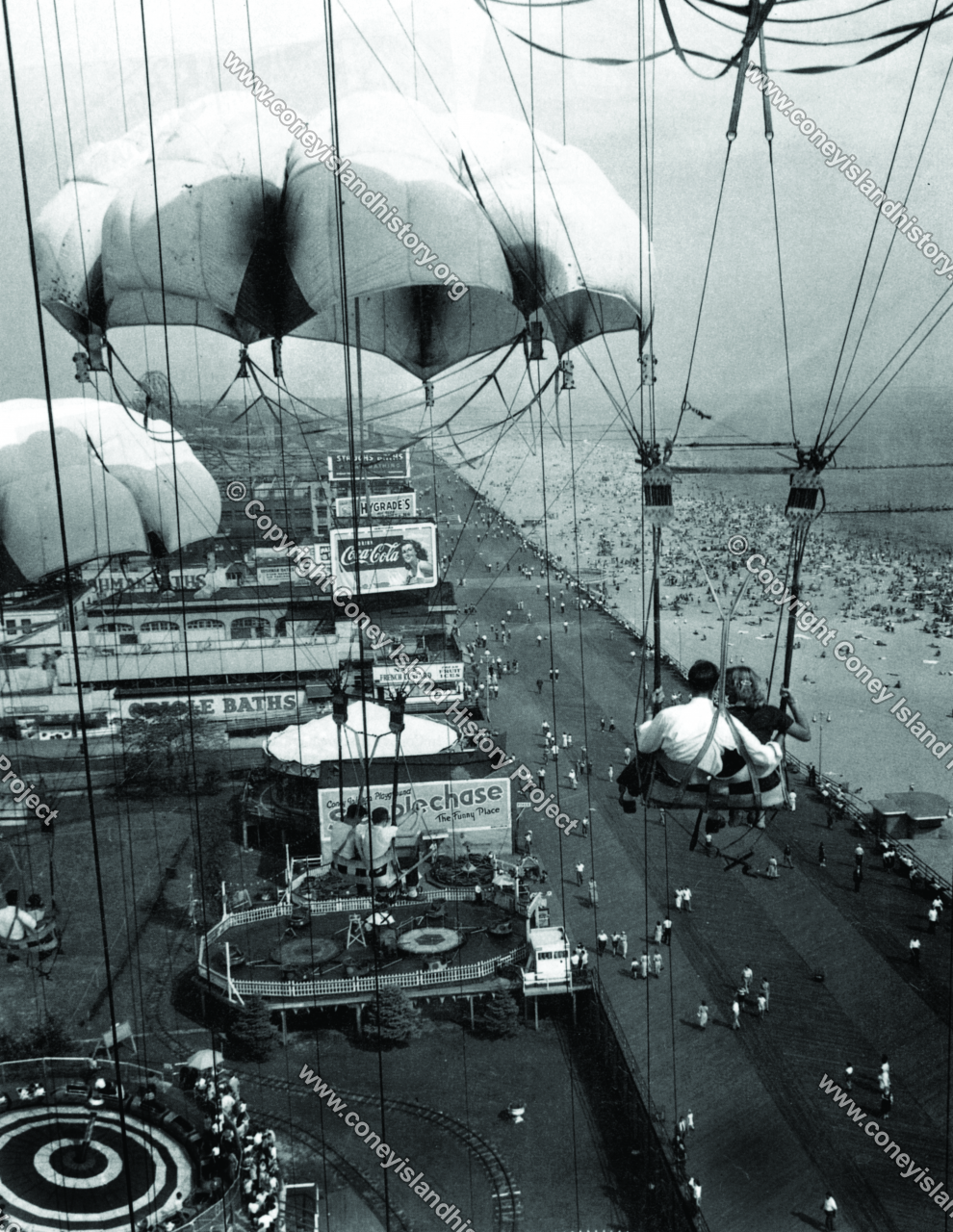 Parachutes descend from the Parachute Jump Coney Island History Project